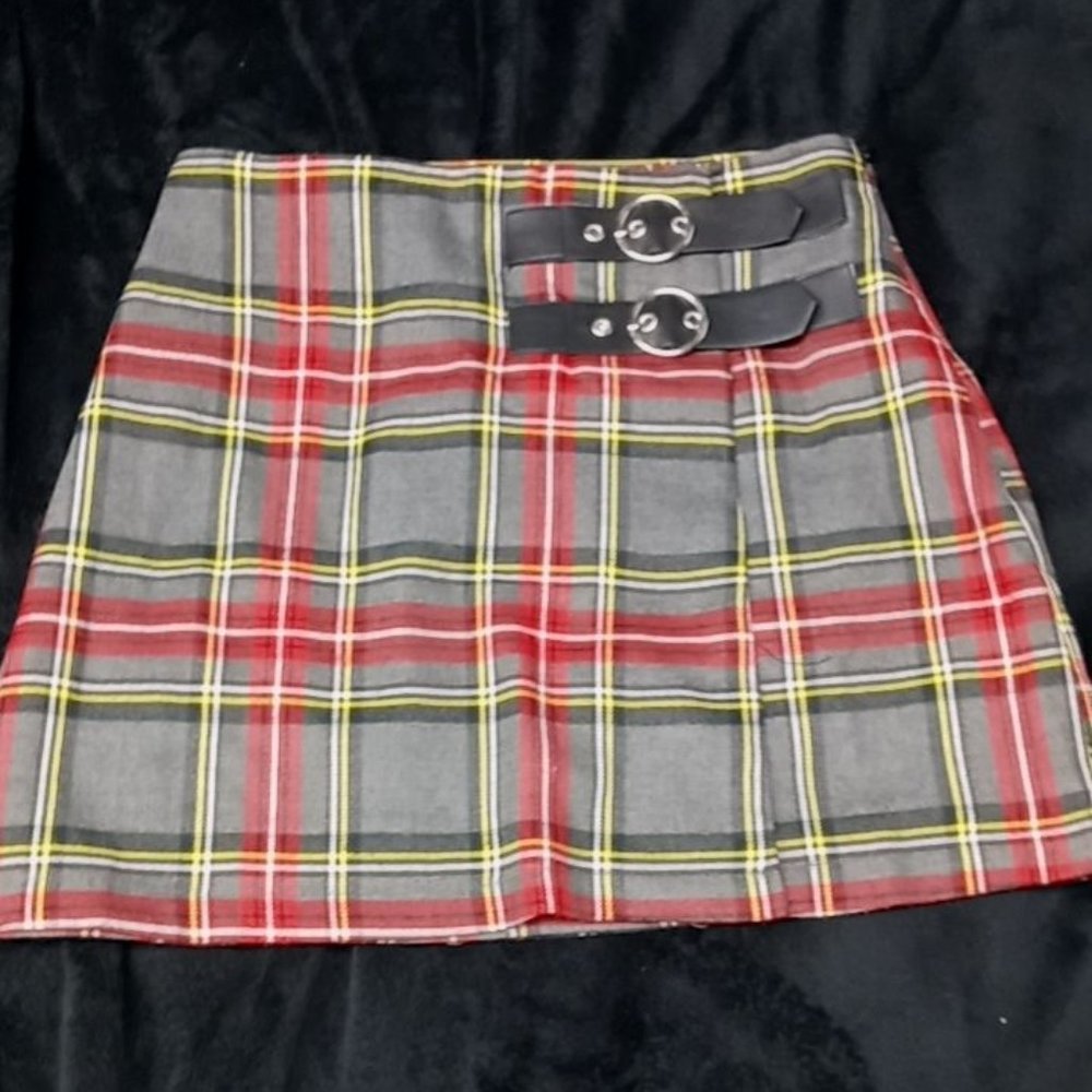 Plaid multi colour buckle skirt